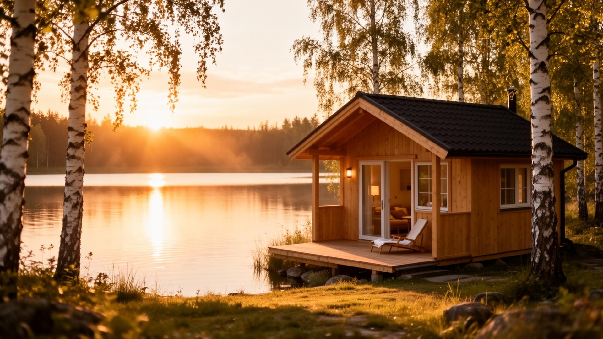Cozy cabin by a lake at golden hour